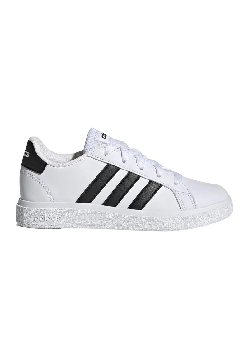 White athletic shoe made of synthetic material, featuring three black stripes, flat white laces, and a textured white rubber sole.