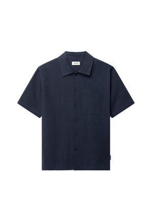 Marineblaue kurzärmelige Hemdbluse mit Kragen und Brusttasche, mit geradem Saum und fünf vorderen Knöpfen.