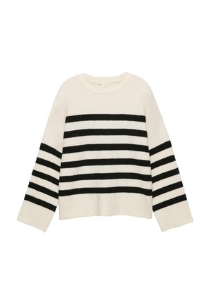 Slonokoštni pulover s črnimi vodoravnimi črtami, okrogel izrez in rebrasti rob. Dolgi rokavi z enakim vzorcem črt. Mehka tekstura.