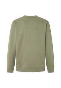 Sudadera verde oliva con cuello redondo y mangas largas. Fabricada en un tejido suave con una textura lisa, cuenta con puños y dobladillo acanalados.