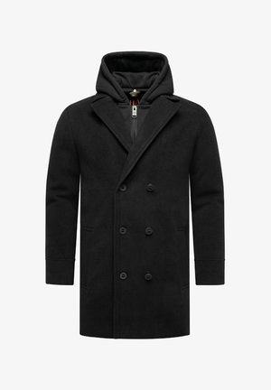 Abrigo de mezcla de lana negro con diseño con capucha, parte delantera de doble botonadura y cuatro botones. Textura suave con bolsillos laterales y cierre con cremallera.