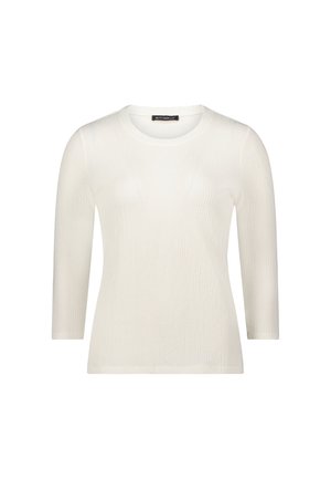 Biały, długi sweter z dzianiny z okrągłym dekoltem. Tkanina o fakturze i lekko przejrzystym wyglądzie, z dopasowanymi rękawami i prostym dołem.