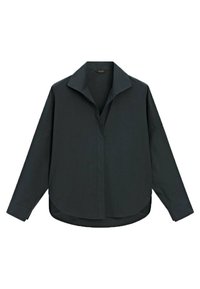 Chemise à manches longues gris anthracite en tissu lisse, avec un col pointu, une patte de boutonnage sur le devant et un ourlet incurvé.
