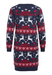 Robe-pull de Noël bleue marine avec texte rouge "Joyeux Noël", rennes blancs, cœurs rouges, flocons de neige et motifs rouges festifs.