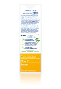 Sonnenschutzmittel Tube, 50 ml, mit weißer und oranger Verpackung. Der Text hebt die biobasierte Formel, UV-Schutz und Details zur nachhaltigen Verpackung hervor.