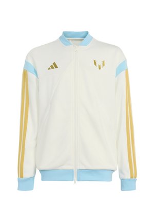Hvid lynlåstrøje med lyseblå krave og manchetter, gyldne striber på ærmerne og gyldne Adidas- og Messi-logoer på brystet.
