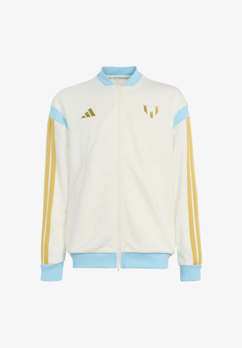 Veste blanche zippée avec col et poignets bleu clair, bandes dorées sur les manches, et logos dorés Adidas et Messi sur la poitrine.