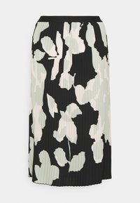 Falda plisada en negro con un estampado floral en verde pálido y rosa. Cintura elástica; textura de tela suave; diseño de longitud media.