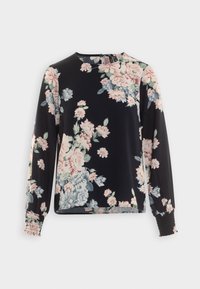 Blusa floreale a maniche lunghe in tessuto nero, con fiori rosa e blu, scollo a barca e polsini arricciati per un look aderente.