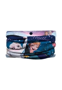 Meerkleurige polyester nekgaiter met personages uit een animatiefilm, met een golvend ontwerp en de opdruk "Samen" in het wit.