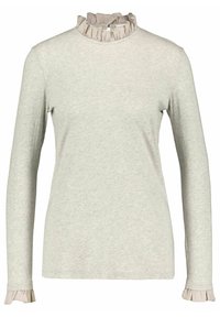 Light gray long-sleeve top with a high ruffled collar and ruffled cuffs, made from textured cotton fabric. Minimalist design and fitted shape.