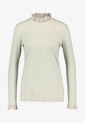 Light gray long-sleeve top with a high ruffled collar and ruffled cuffs, made from textured cotton fabric. Minimalist design and fitted shape.