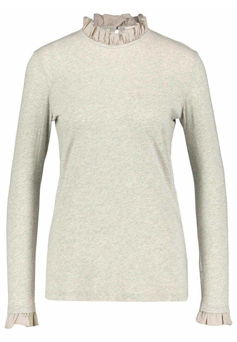 Light gray long-sleeve top with a high ruffled collar and ruffled cuffs, made from textured cotton fabric. Minimalist design and fitted shape.