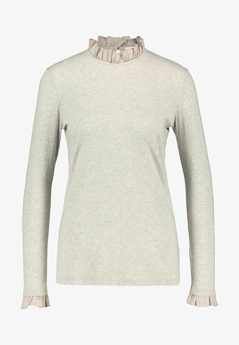 Light gray long-sleeve top with a high ruffled collar and ruffled cuffs, made from textured cotton fabric. Minimalist design and fitted shape.