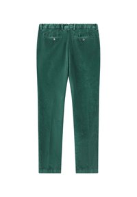 Pantalons en velours côtelé vert avec une taille extensible, deux poches avant et deux poches arrière. Texture lisse avec un léger grain sur le tissu.