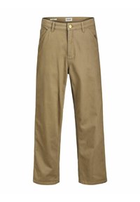 Beige katoenen broek met een rechte snit, voorzien van een knoop- en ritssluiting aan de voorkant, vijf zakken en minimale stikseldetails.