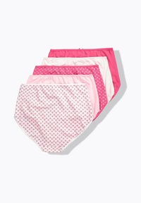 Fem par kvinders højtaljede bomulds-trusser i nuancer af pink, inklusive ensfarvede og blomstrede mønstre, arrangeret overlappende på en hvid baggrund.