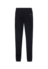 Schwarze Jogginghose mit elastischem Bund, Bündchen an den Knöcheln und einer Gesäßtasche. Mit goldfarbenem "Retour Jeans"-Logo hinten.