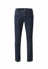 Jean en denim bleu foncé avec une coupe slim. Les caractéristiques incluent un design à cinq poches, des coutures classiques et une fermeture à bouton à la taille.