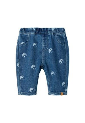 Pantalon en denim bleu pour tout-petit avec taille élastique et symboles yin-yang blancs imprimés de manière uniforme sur le tissu.