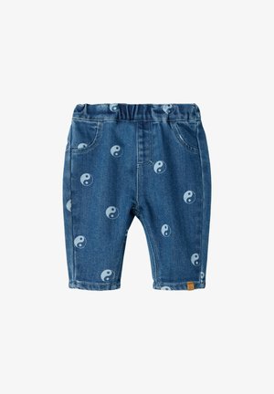 Blå denim bukser til små børn med elastisk talje og trykte hvide yin-yang symboler jævnt fordelt over stoffet.
