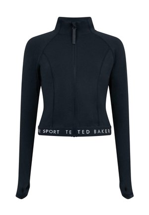Giacca corta blu navy con maniche lunghe, zip frontale e fascia con logo in vita. Realizzata in tessuto elasticizzato, con dettagli cuciti per una vestibilità aderente.