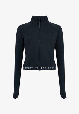 Giacca corta blu navy con maniche lunghe, zip frontale e fascia con logo in vita. Realizzata in tessuto elasticizzato, con dettagli cuciti per una vestibilità aderente.