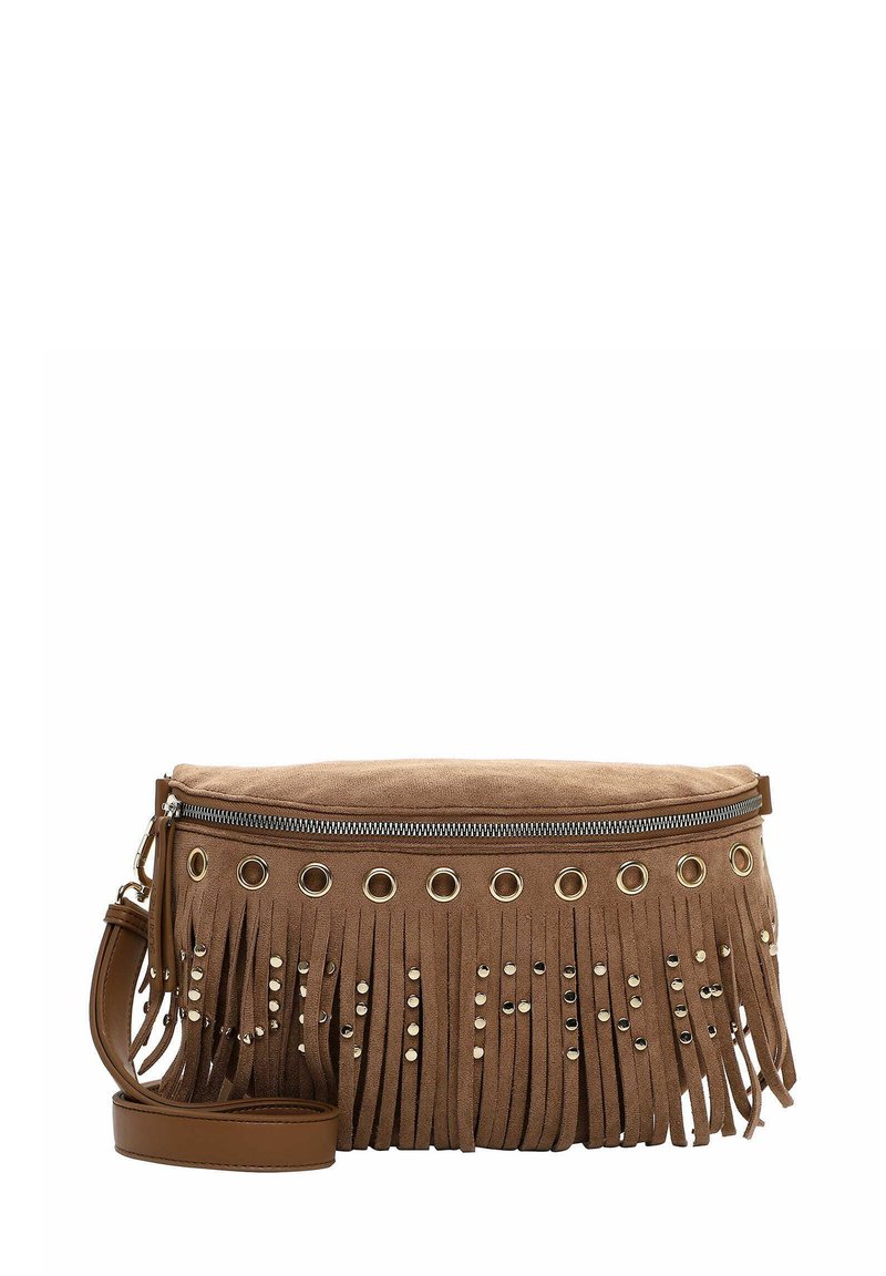 Borsa a tracolla in suede marrone con dettagli di frange, occhielli dorati e borchie decorative, dotata di una parte superiore con zip e tracolla regolabile.