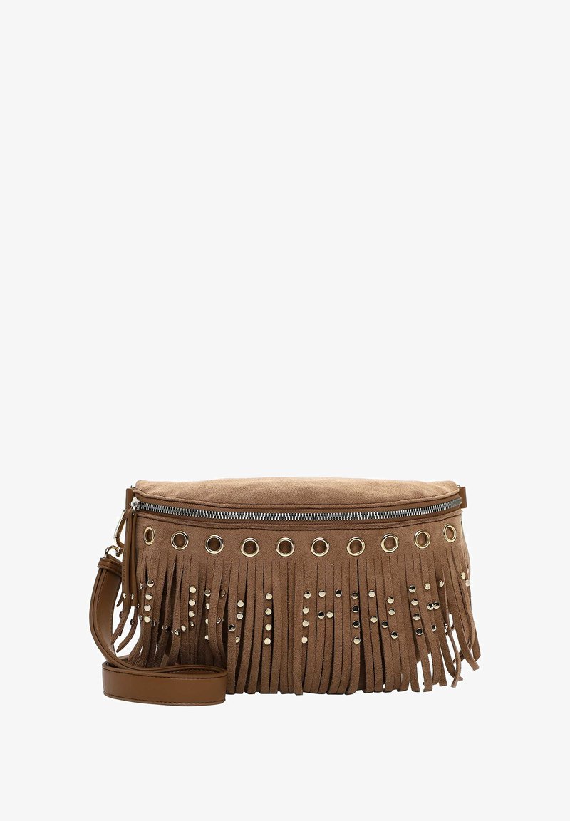 Borsa a tracolla in suede marrone con dettagli di frange, occhielli dorati e borchie decorative, dotata di una parte superiore con zip e tracolla regolabile.