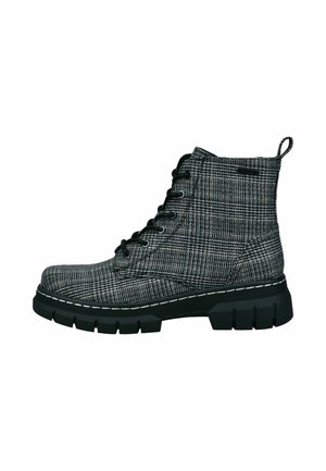 Graue Karoboots mit schwarzer Gummisohle, runder Zehenpartie und kontrastierenden weißen Nähten. Mit Schnürung und Zugschlaufe.