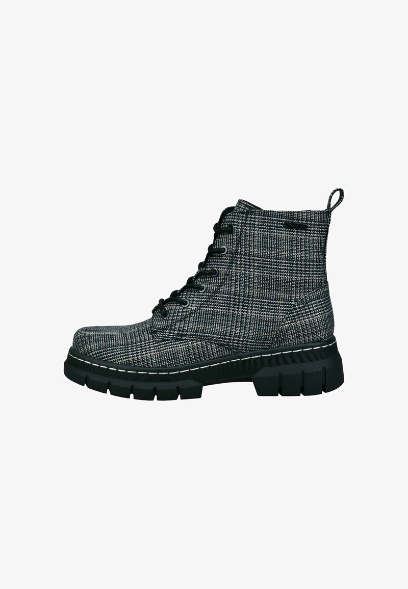 Gray plaid ankle boots with black rubber sole, round toe, and contrasting white stitching. Features lace-up front and pull tab.