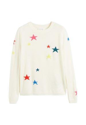 Crème-kleurige trui met een ronde halslijn, versierd met kleurrijke sterrenpatronen in rood, roze, blauw, groen en geel over de stof.
