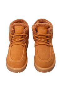 Braune Wildleder-Ankle Boots mit Kunstpelzfutter, runder Spitze und Schnürdesign. Texturierte Oberfläche und Gummisohle sorgen für guten Halt.
