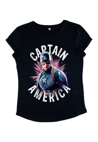 Sort T-shirt med rund halsudskæring og korte opraffede ærmer, med et trykt grafik af en superhelt og ordene "CAPTAIN AMERICA."