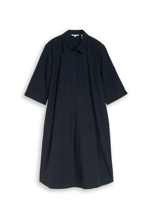 Dunkelblaues knielanges Kleid mit kurzen Ärmeln, durchgehender Knopfleiste und spitzem Kragen, flach auf weißem Hintergrund liegend.