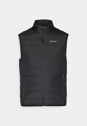 Gilet rembourré noir avec col montant, fermeture éclair sur le devant et deux poches latérales. Caractérisé par un design matelassé pour l'isolation et la chaleur.