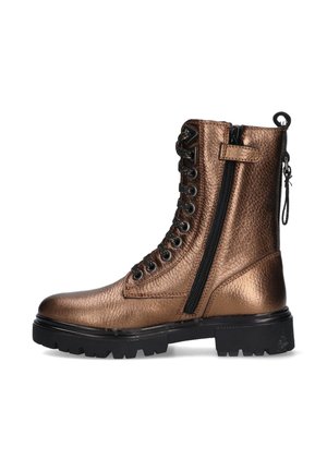 Metallic bronze combat boot with black laces, side zipper, textured leather, and thick black lug sole, shown in left profile.