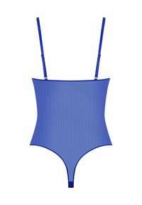 Bodysuit en bleu transparent avec une taille structurée, des bretelles ajustables et une texture lisse, présentant un motif de grille subtil et un dos décolleté.