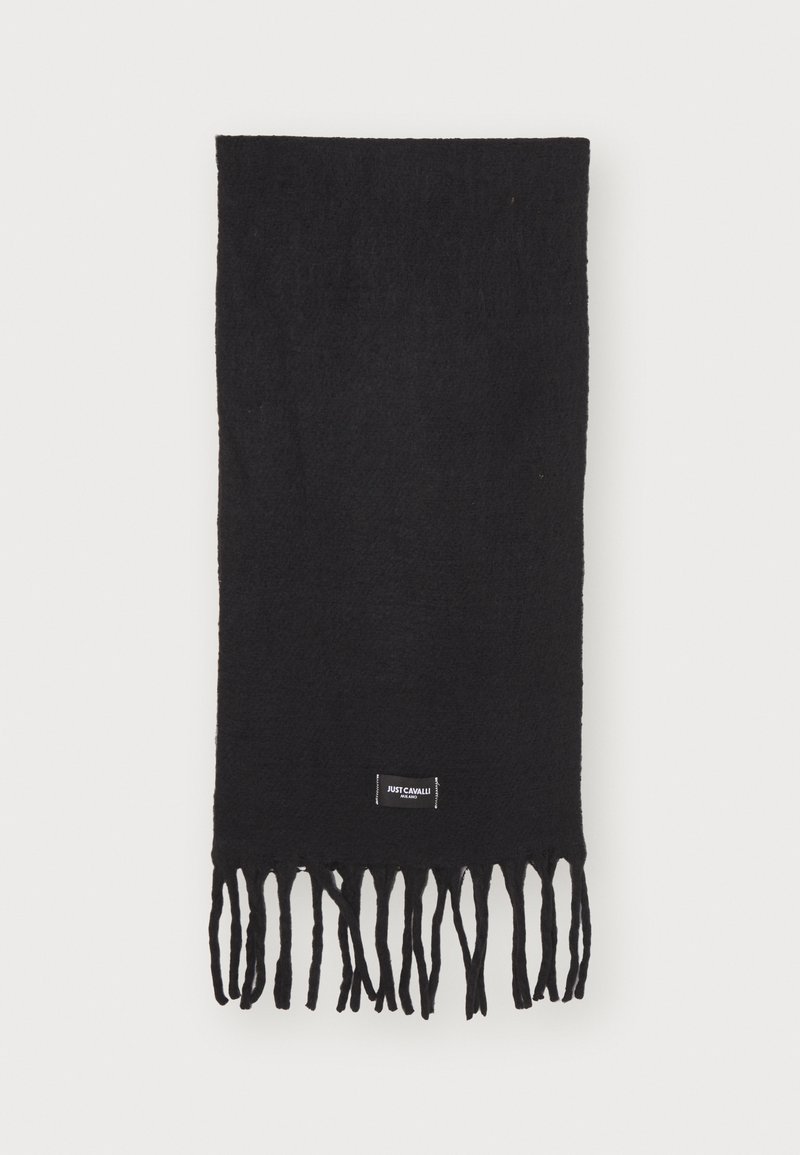 Black scarf made of textured material, featuring long fringes at the end and a small label with brand name.