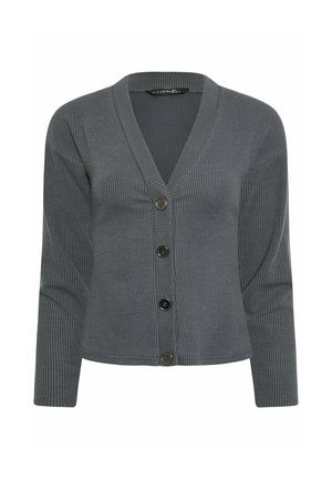 Dark gray ribbed knit cardigan with long sleeves, V-neck, and four black buttons down the front.