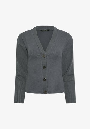 Dark gray ribbed knit cardigan with long sleeves, V-neck, and four black buttons down the front.