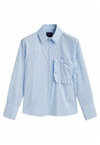 Camicia a maniche lunghe in gingham azzurro chiaro e bianco, con una tasca sul petto con volant e un colletto classico. Realizzata in cotone con chiusura a bottone.