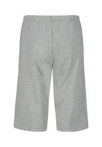 Gray, knee-length shorts made of soft fabric with an elastic waistband and no pockets, featuring a subtle textured pattern.