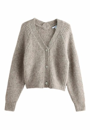 Light beige, cropped cardigan with ribbed texture, V-neckline, and five decorative buttons in the front. Made from soft, knitted material.