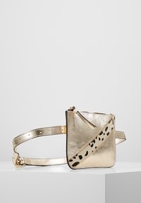 Borsa a tracolla metallica dorata con una texture liscia, caratterizzata da un accento a stampa leopardata diagonale e una chiusura con zip, montata su una tracolla piatta.