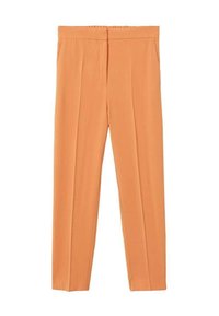 Højtaljede, lige ben bukser i et livligt orange stof med to frontfolde og sidelommer. Glat tekstur med elastisk talje.