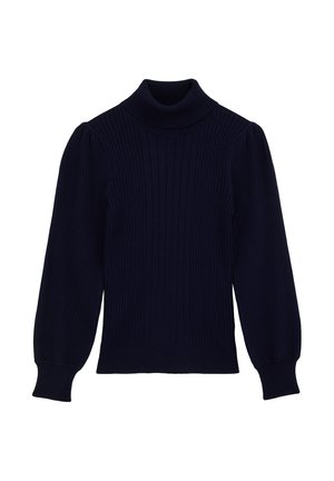 Granatowy sweter z wysokim kołnierzem, w prążki, z bufkami na rękawach, o dopasowanym kroju i teksturowanej tkaninie. Rękawy są ściśle przylegające, co tworzy dopasowaną sylwetkę.