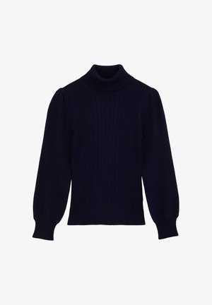 Navy ribbed turtleneck sweater with puffed sleeves, featuring a fitted design and textured fabric. Cuffs are snug, creating a tailored silhouette.