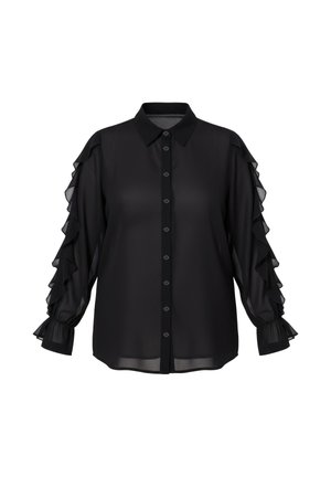 Sort langærmet bluse med knapper og flæsedetaljer langs ærmerne og elastiske manchetter, vist på en hvid baggrund.