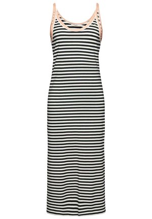 Vestido midi sin mangas con rayas horizontales en blanco y negro y ribete rosa claro en el escote y las tiras.